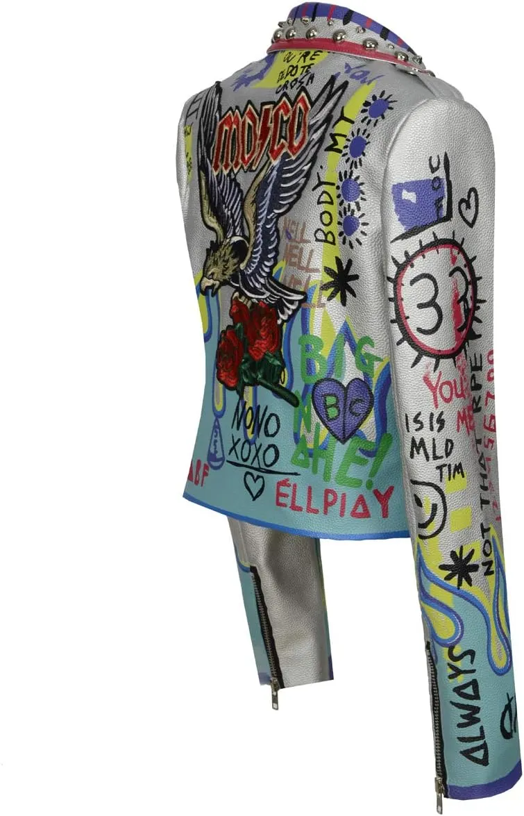 Fashion SX Women's Punk Faux Leather PU Short Jacket Graffiti Studded Rivet Biker Moto Coat