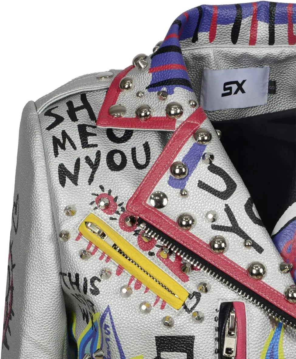Fashion SX Women's Punk Faux Leather PU Short Jacket Graffiti Studded Rivet Biker Moto Coat