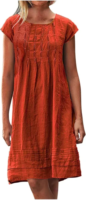 Finelylove Womens Casual Summer Cotton Linen Dresses Midi Flowy Beach Dress Short Sleeve Ruffled Shift Dress Loose Sundress