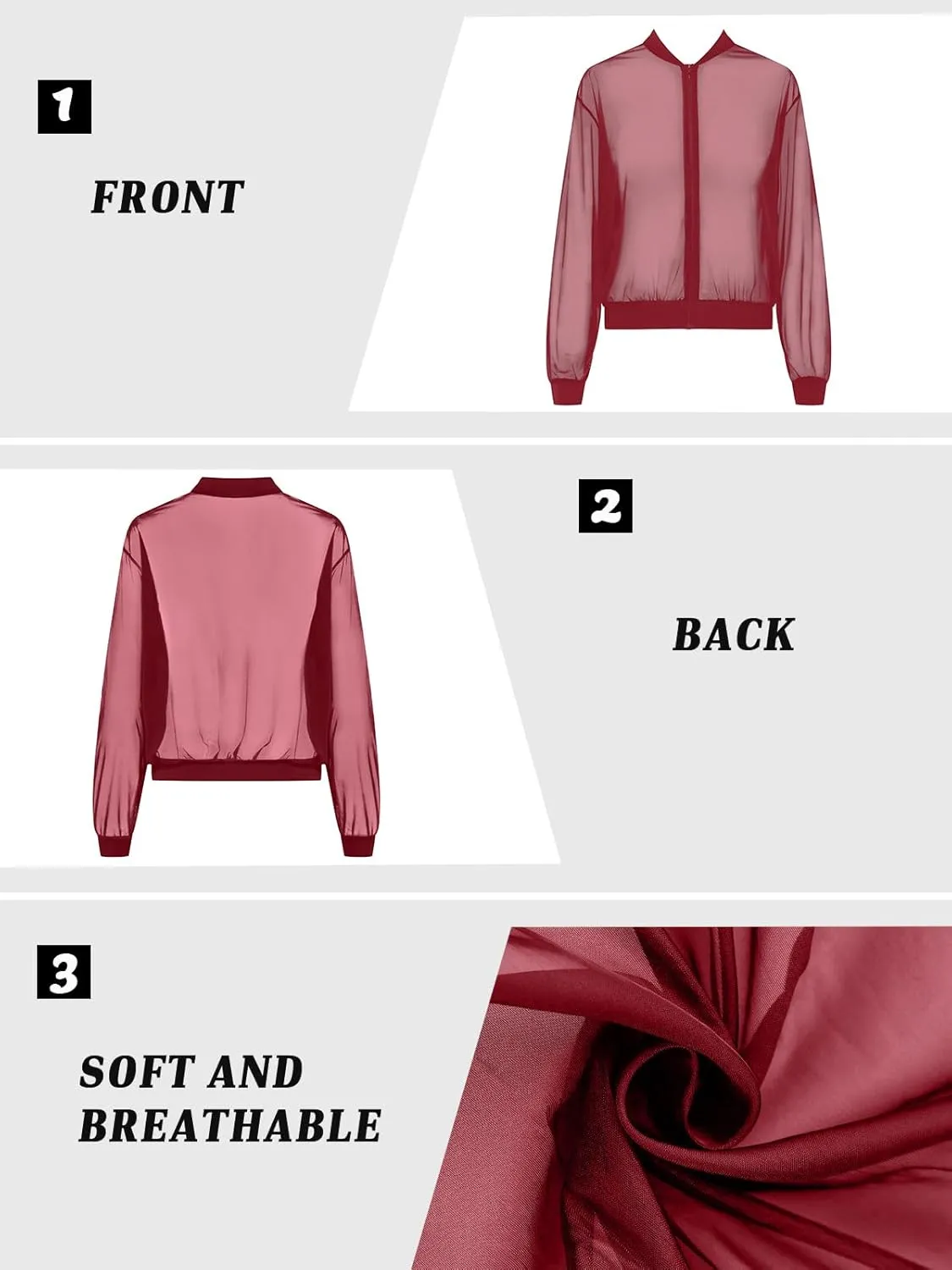 Fisoew Women's Crop Mesh Sheer Bomber Jackets Lightweight Long Sleeve Zip Up Jacket Outwear