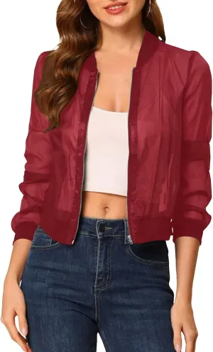 Fisoew Women's Crop Mesh Sheer Bomber Jackets Lightweight Long Sleeve Zip Up Jacket Outwear