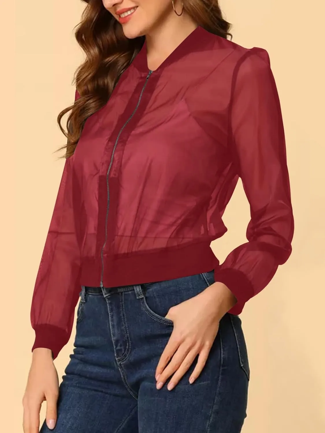Fisoew Women's Crop Mesh Sheer Bomber Jackets Lightweight Long Sleeve Zip Up Jacket Outwear