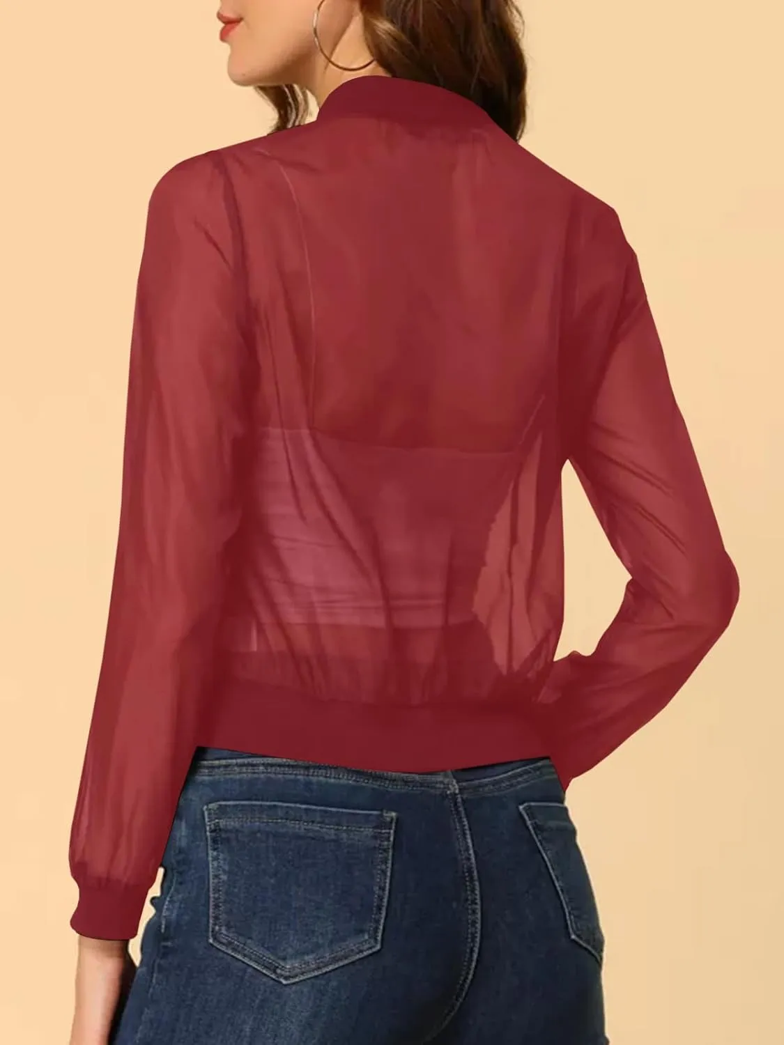 Fisoew Women's Crop Mesh Sheer Bomber Jackets Lightweight Long Sleeve Zip Up Jacket Outwear