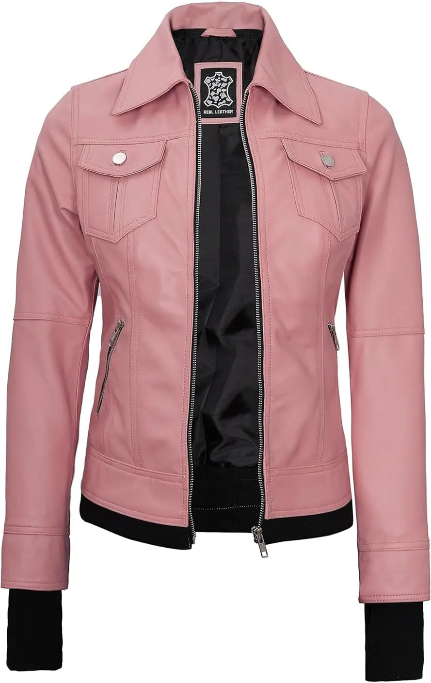fjackets Leather Jackets For Women - Removable Hood & Bomber Real Lambskin Leather Jacket Womens