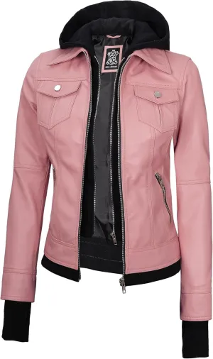 fjackets Leather Jackets For Women - Removable Hood & Bomber Real Lambskin Leather Jacket Womens