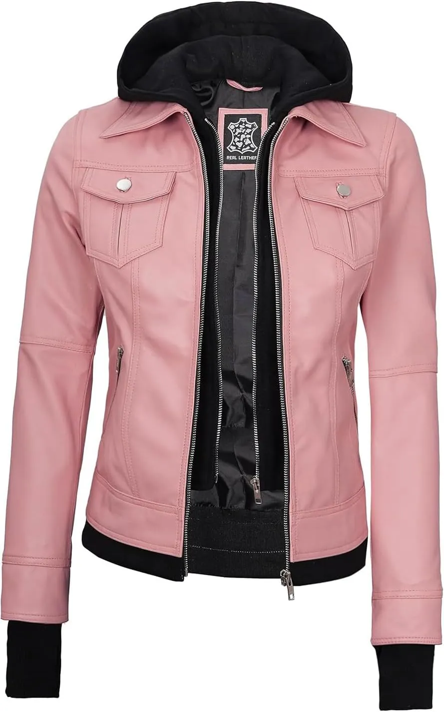 fjackets Leather Jackets For Women - Removable Hood & Bomber Real Lambskin Leather Jacket Womens