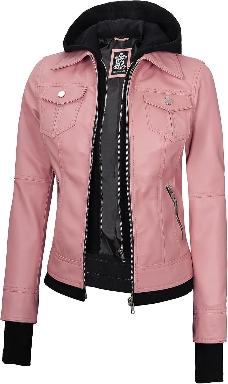 fjackets Leather Jackets For Women - Removable Hood & Bomber Real Lambskin Leather Jacket Womens