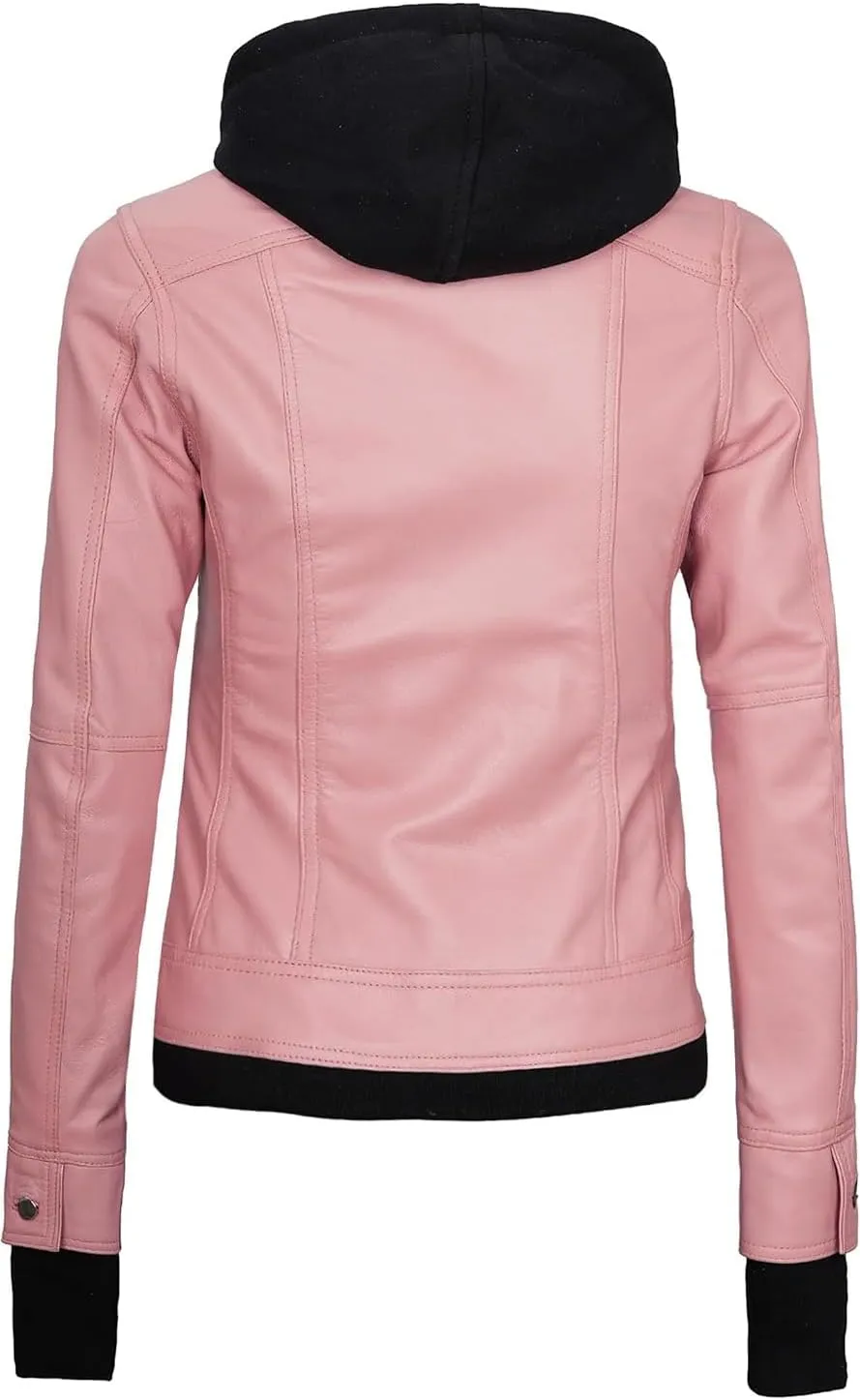 fjackets Leather Jackets For Women - Removable Hood & Bomber Real Lambskin Leather Jacket Womens