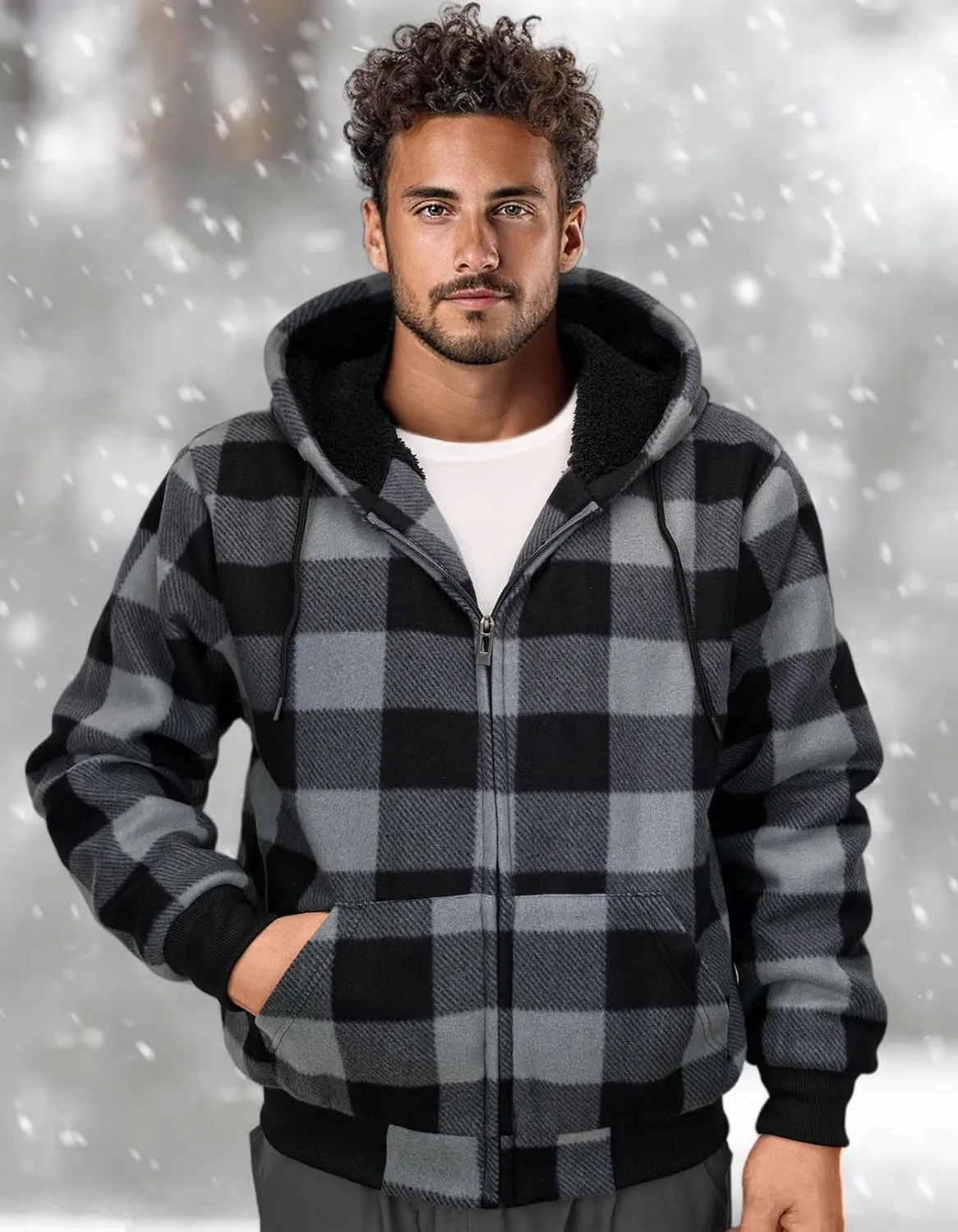 Flannel Plaid Mens Hoodies Soft Warm Sherpa Fleece Lined Full Zip Up Heavyweight Thick Sweatshirt