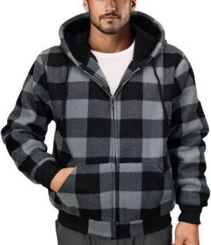 Flannel Plaid Mens Hoodies Soft Warm Sherpa Fleece Lined Full Zip Up Heavyweight Thick Sweatshirt