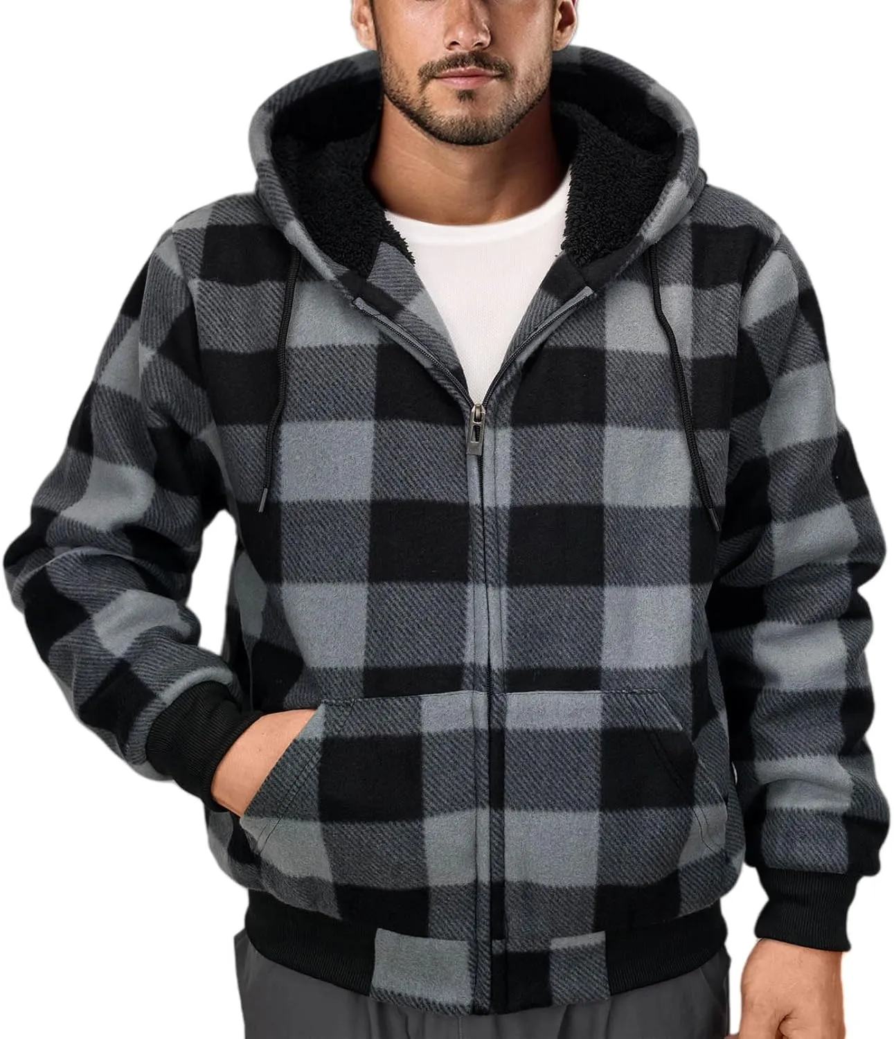 Flannel Plaid Mens Hoodies Soft Warm Sherpa Fleece Lined Full Zip Up Heavyweight Thick Sweatshirt