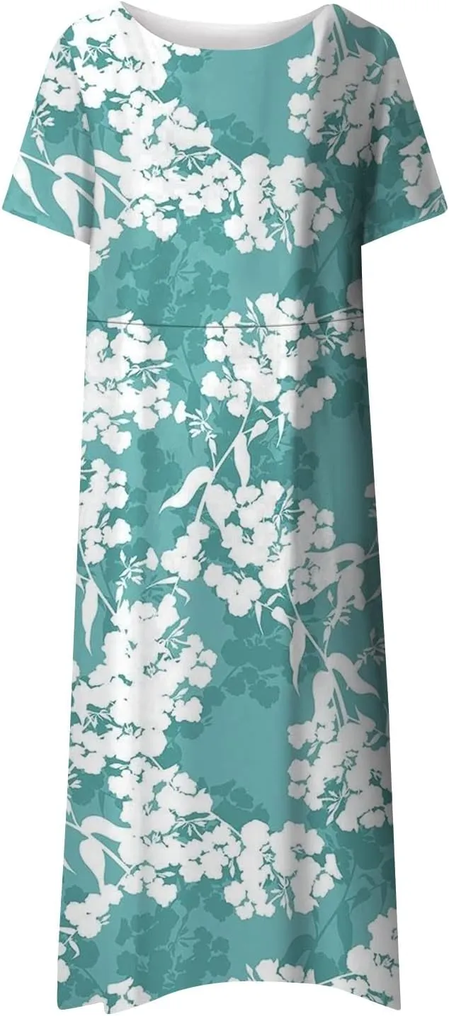 FlekmanArt Women's 2024 Casual Floral Printed Maxi Dress with Short Sleeves, Pocket, Loose Fit, Size S, Blue