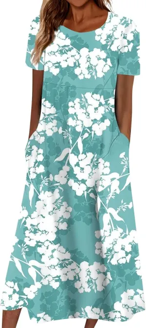 FlekmanArt Women's 2024 Casual Floral Printed Maxi Dress with Short Sleeves, Pocket, Loose Fit, Size S, Blue