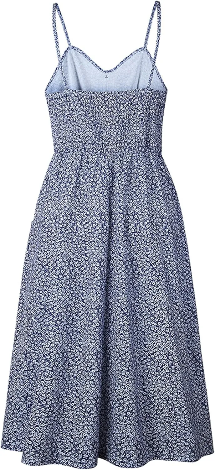 FLITAY Ladies Button Pocket Beach Dress Sleeveless Spaghetti Strap Sexy Dress Casual Dresses