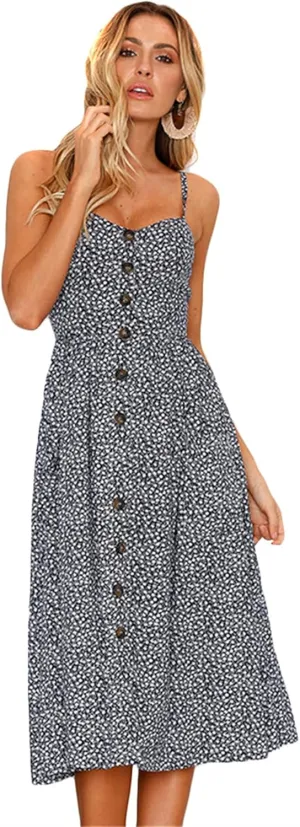 FLITAY Ladies Button Pocket Beach Dress Sleeveless Spaghetti Strap Sexy Dress Casual Dresses