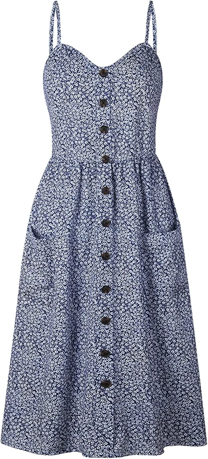 FLITAY Ladies Button Pocket Beach Dress Sleeveless Spaghetti Strap Sexy Dress Casual Dresses