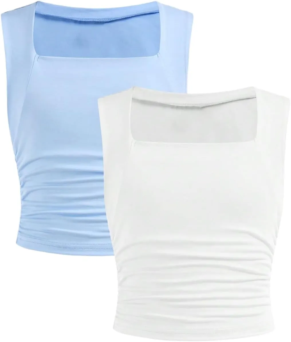 Floerns Girl's 2 Pcs Sleeveless Shirts Square Neck Solid Ruched Tank Top
