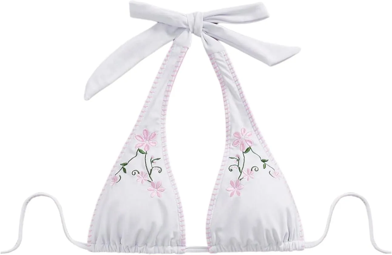 Floerns Women's Floral Print Triangle Bikini Top Halter Neck Tie Back Swimwear
