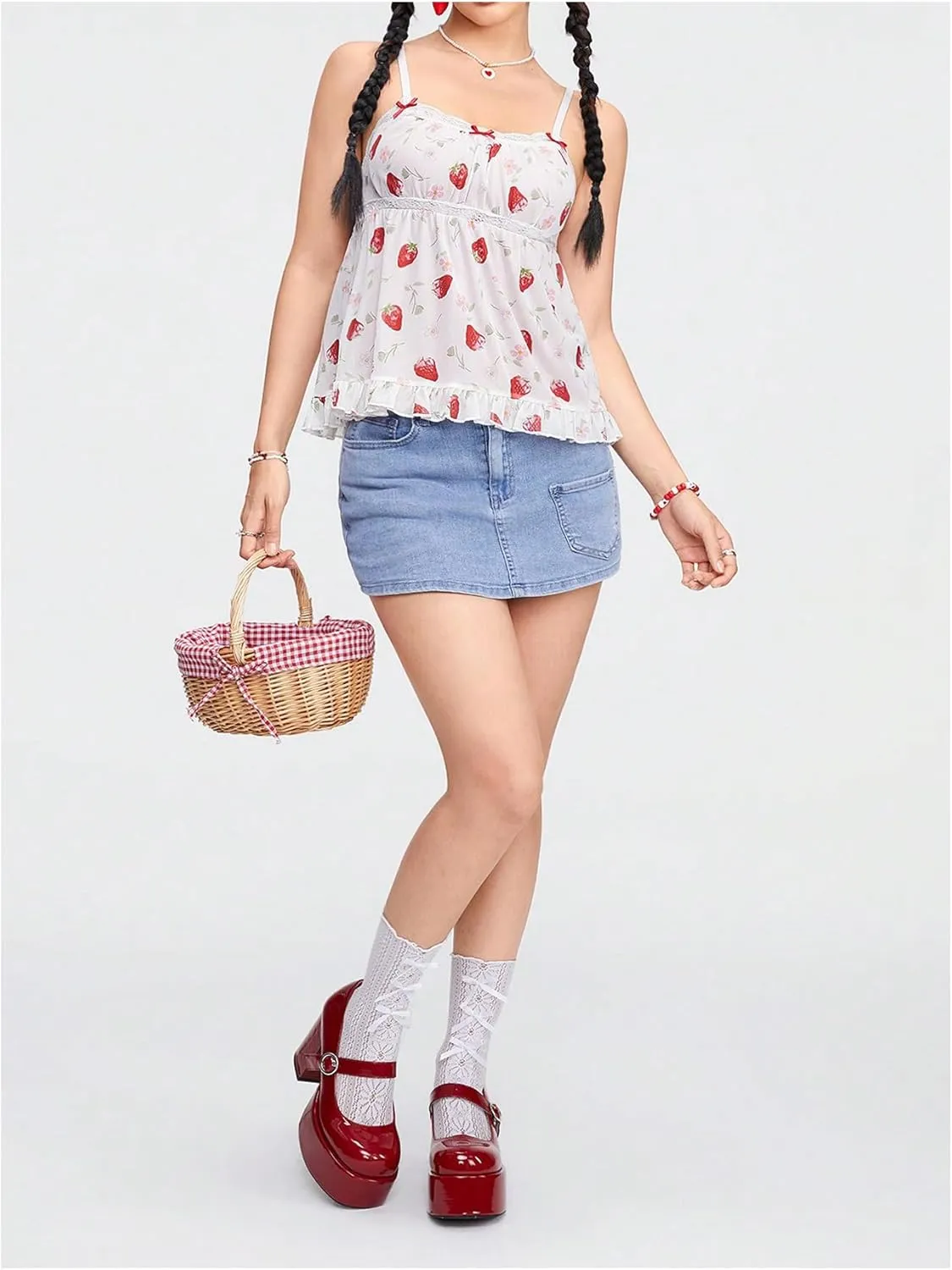 Floerns Women's Kawaii Strawberry Print Sleeveless Camisole Ruffle Hem Cute Cami Top