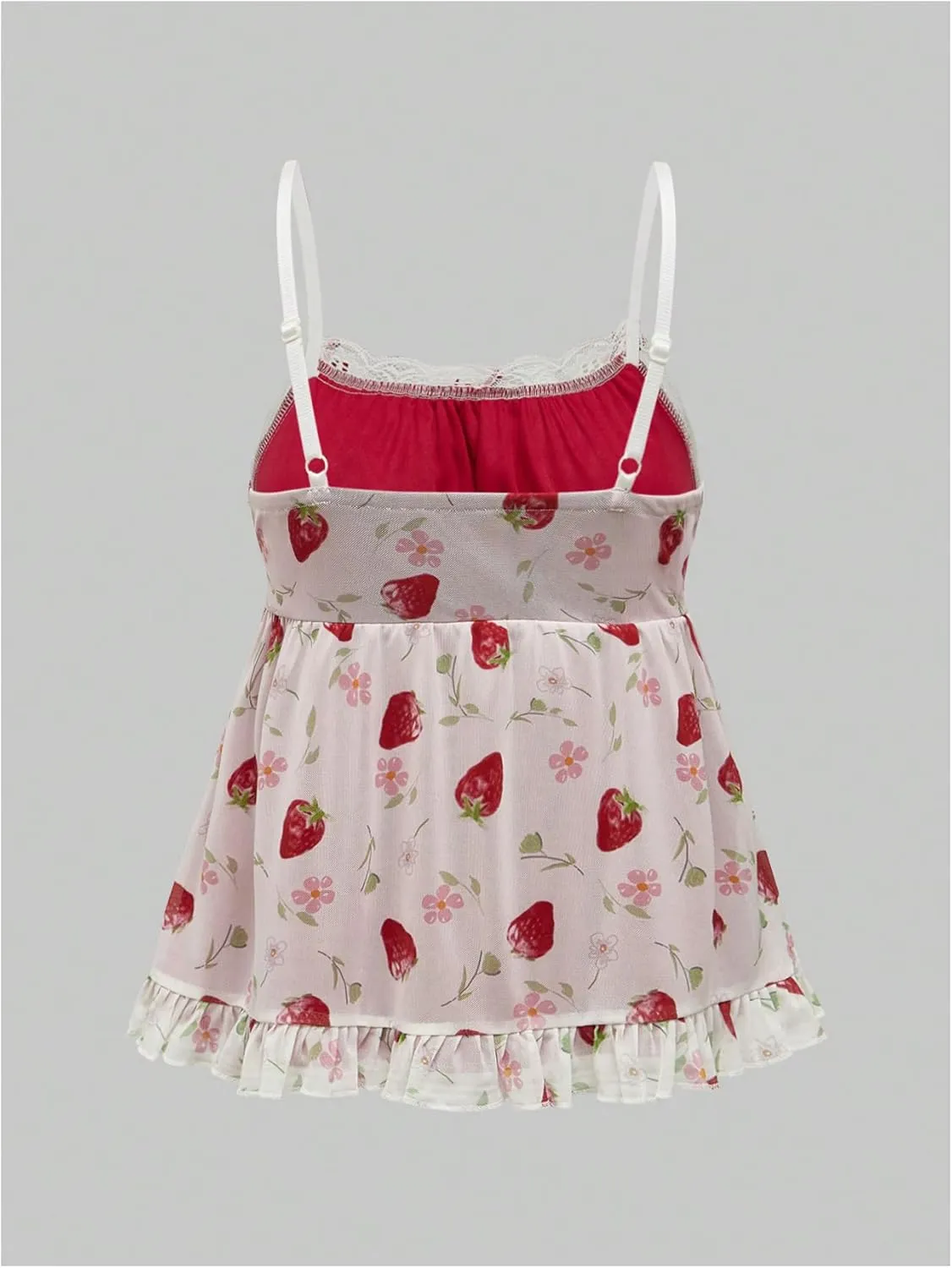 Floerns Women's Kawaii Strawberry Print Sleeveless Camisole Ruffle Hem Cute Cami Top