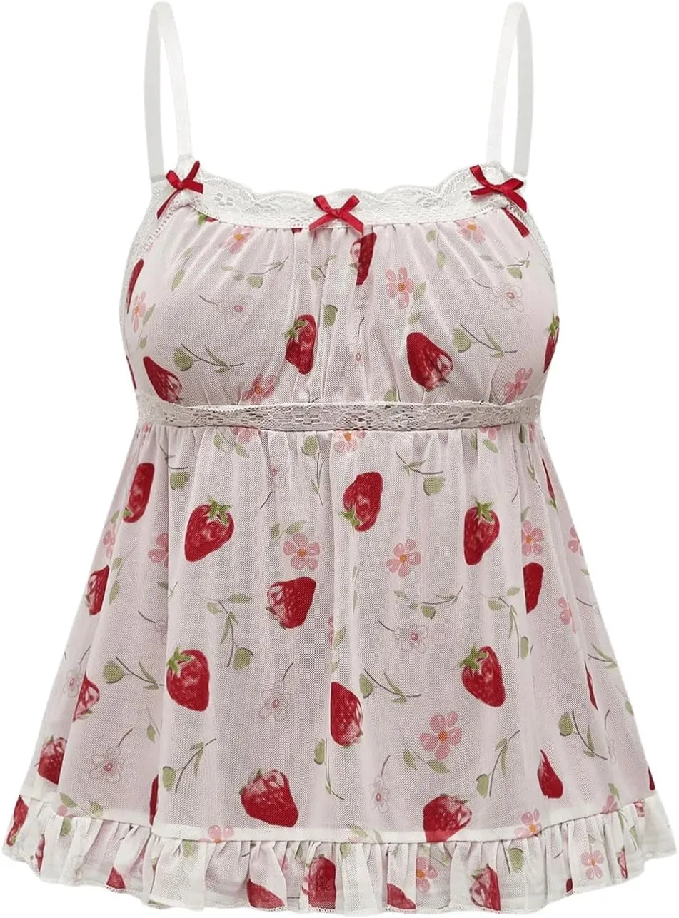 Floerns Women's Kawaii Strawberry Print Sleeveless Camisole Ruffle Hem Cute Cami Top