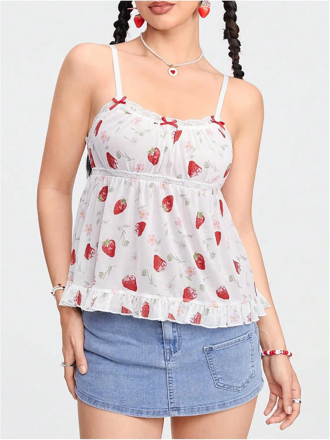 Floerns Women's Kawaii Strawberry Print Sleeveless Camisole Ruffle Hem Cute Cami Top