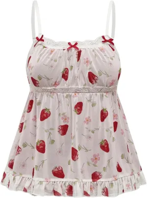 Floerns Women's Kawaii Strawberry Print Sleeveless Camisole Ruffle Hem Cute Cami Top