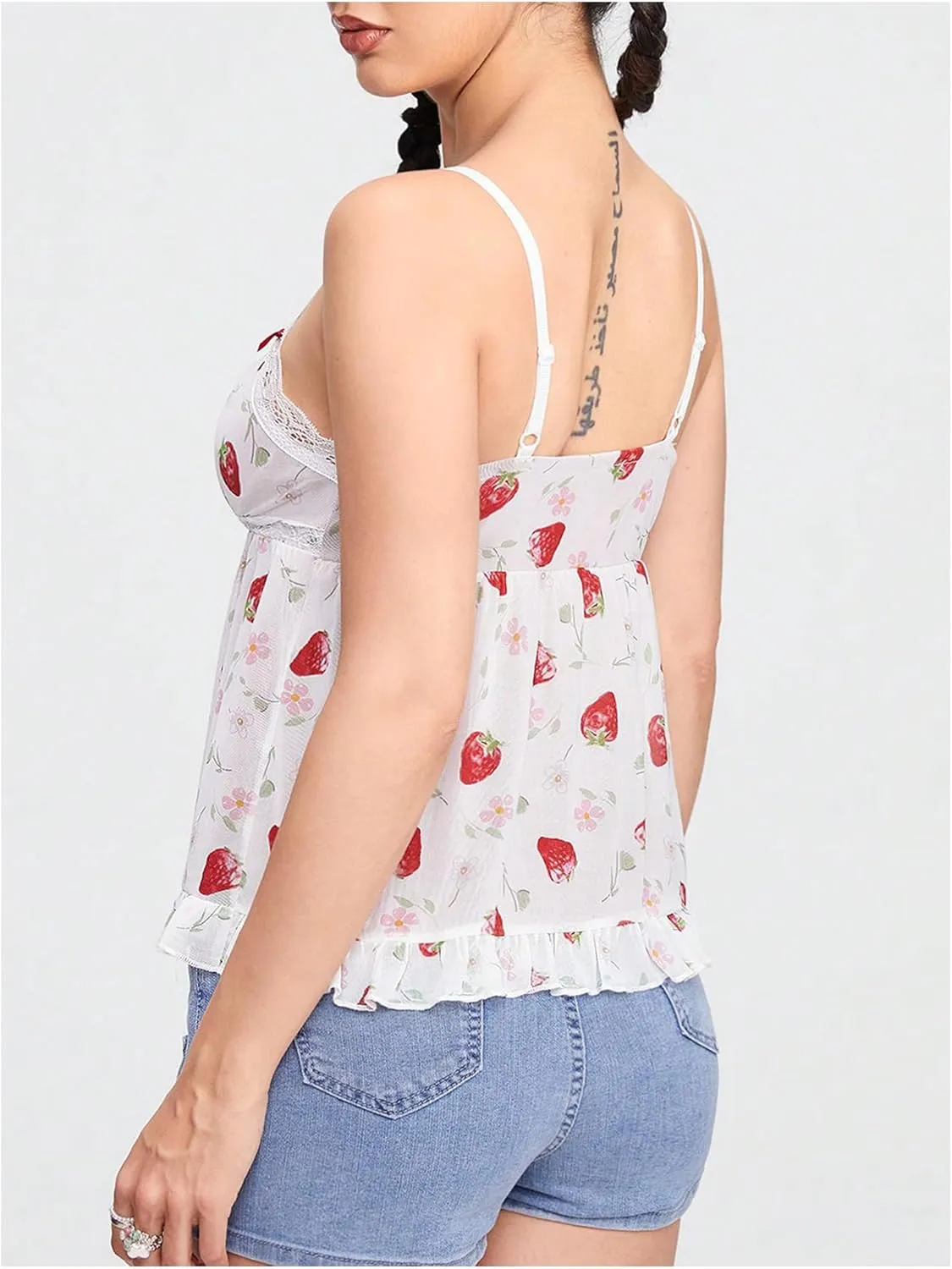 Floerns Women's Kawaii Strawberry Print Sleeveless Camisole Ruffle Hem Cute Cami Top