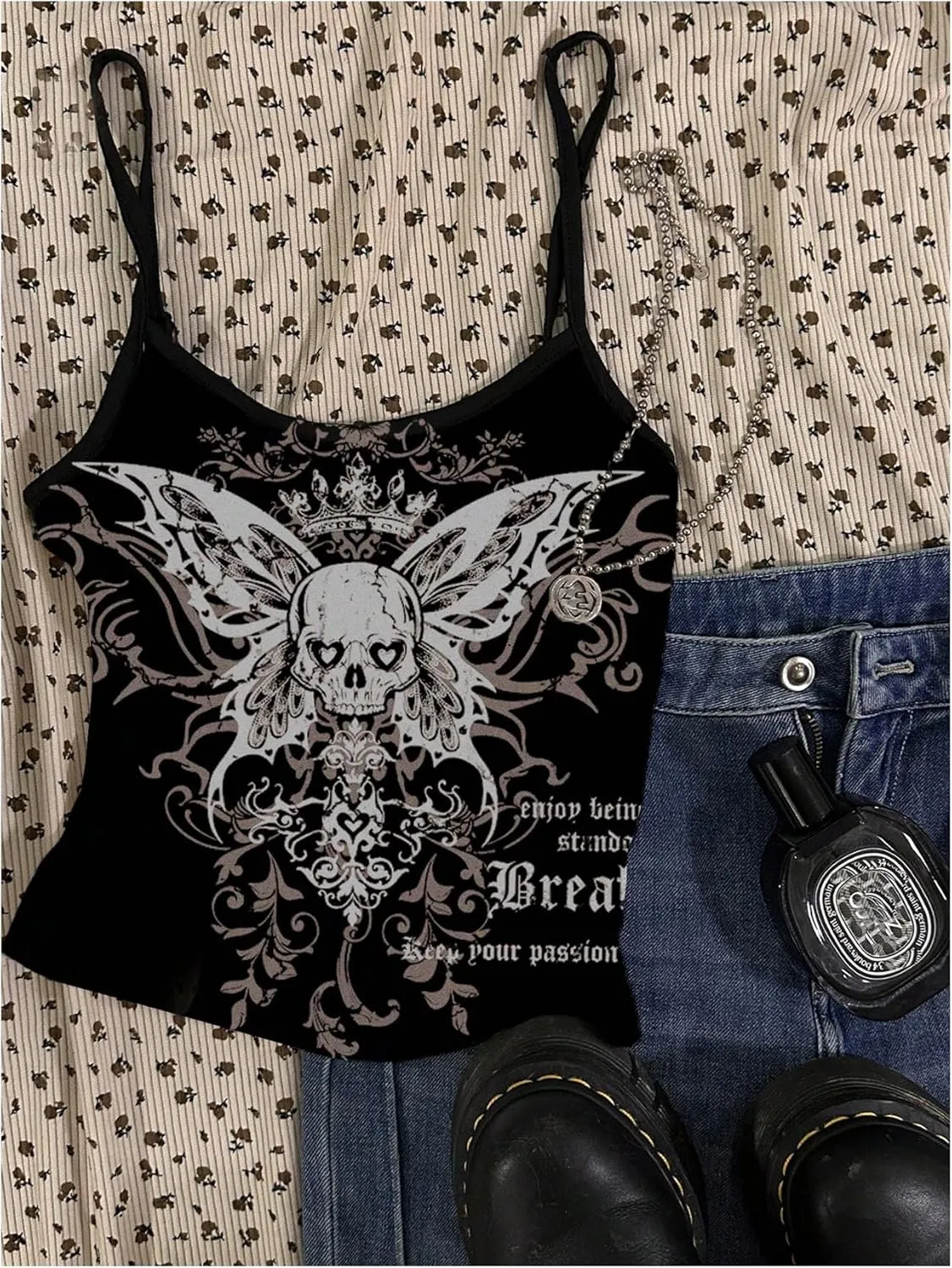 Floerns Women's Plus Size Skull Print Camisole Spaghetti Strap Crop Cami Top