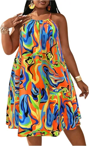Floerns Women's Plus Size Sleeveless Geo Print Halter Dress Loose Flared Midi Dress