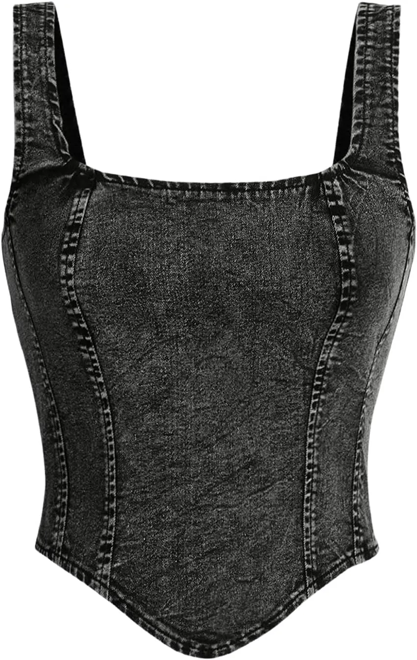 Floerns Women's Sleeveless Denim Tank Top Asymmetrical Hem Square Neck Jean Vest