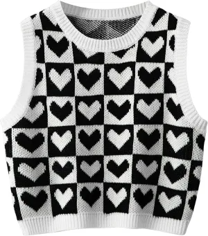 Floerns Women's Sleeveless Round Neck Argyle Pattern Sweater Vest Knit Crop Top