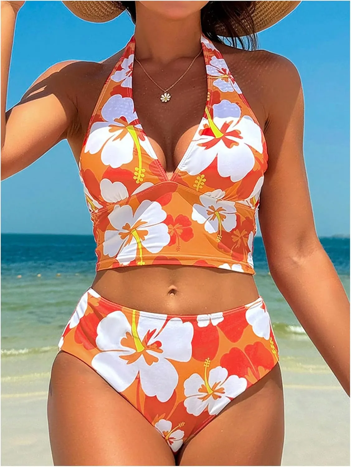 Floerns Women's Two Piece Tankini Swimsuit Floral Halter Top Beach Bathing Suit