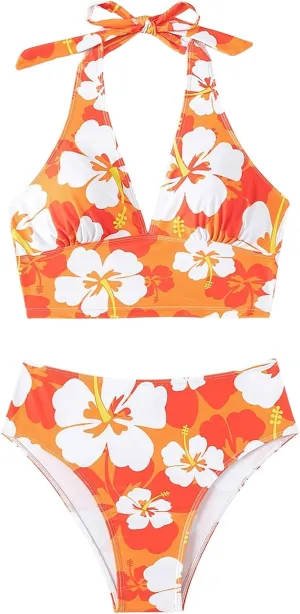 Floerns Women's Two Piece Tankini Swimsuit Floral Halter Top Beach Bathing Suit