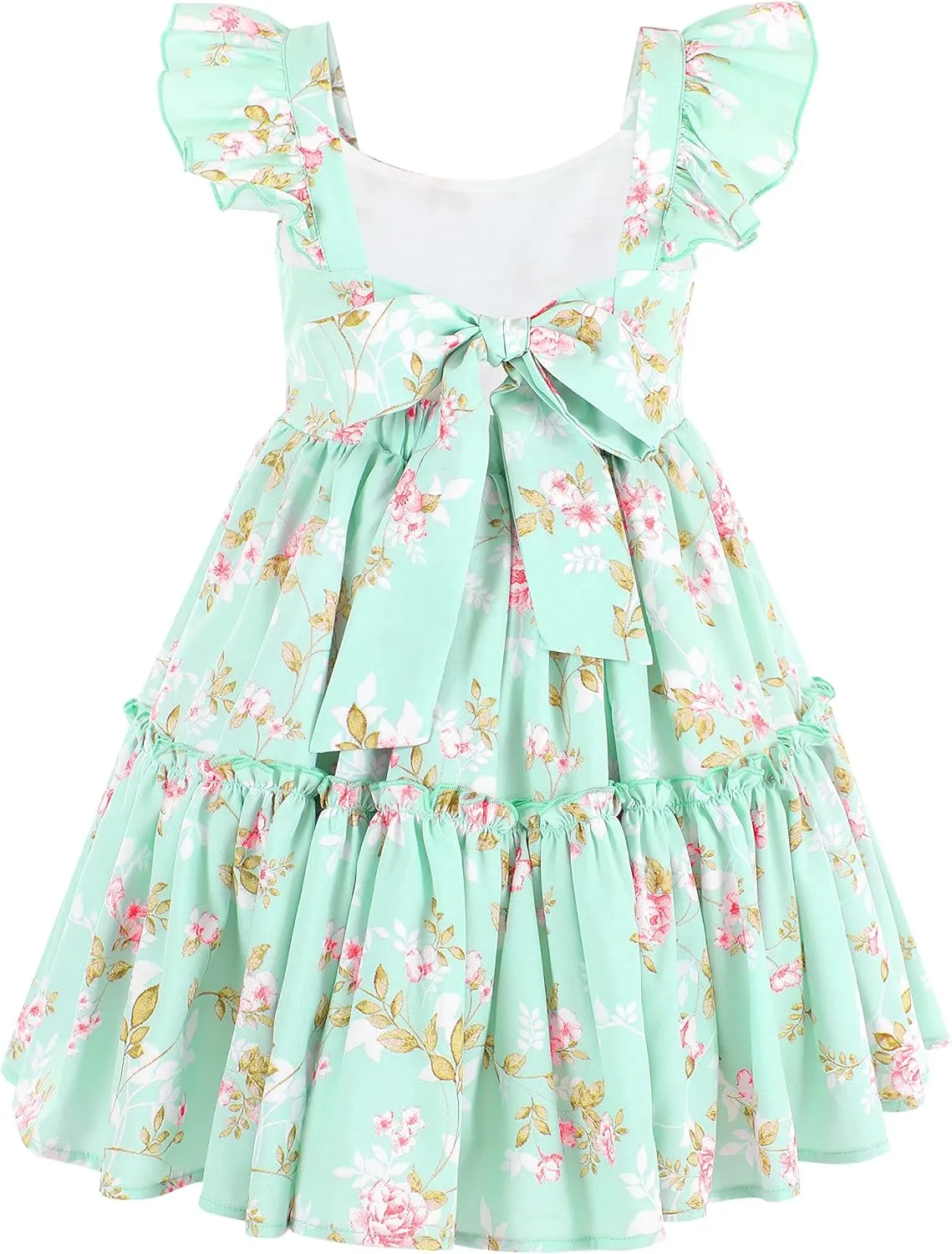 Flofallzique Floral Girls' Dress Summer Ruffle Sleeve Tie Back Casual Boho Sundress for Birtrhday Tea Party