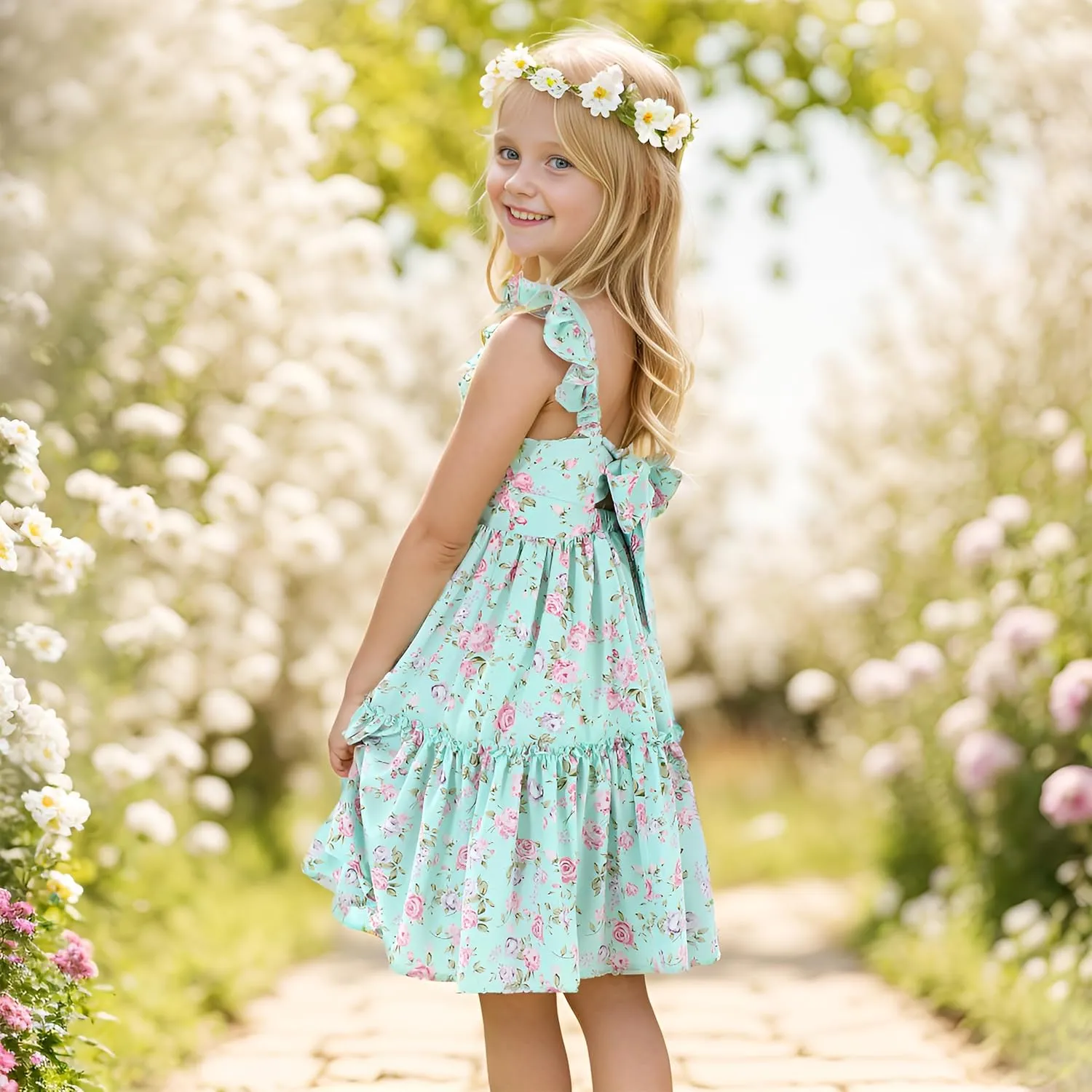 Flofallzique Floral Girls' Dress Summer Ruffle Sleeve Tie Back Casual Boho Sundress for Birtrhday Tea Party