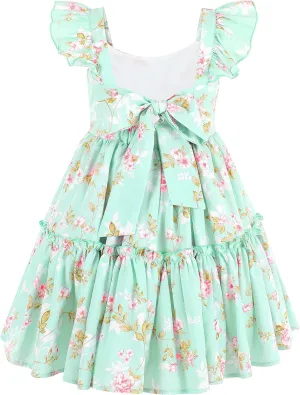 Flofallzique Floral Girls' Dress Summer Ruffle Sleeve Tie Back Casual Boho Sundress for Birtrhday Tea Party