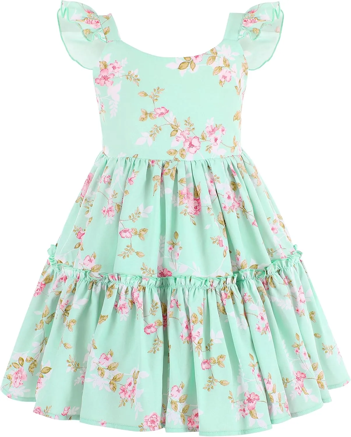 Flofallzique Floral Girls' Dress Summer Ruffle Sleeve Tie Back Casual Boho Sundress for Birtrhday Tea Party