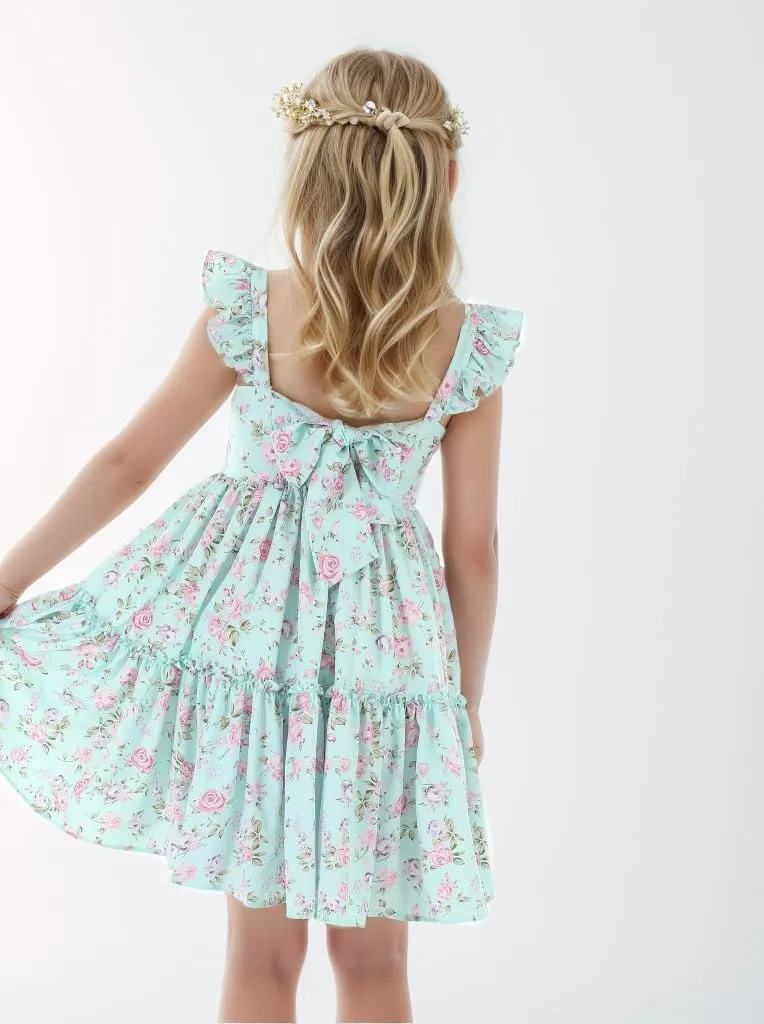 Flofallzique Floral Girls' Dress Summer Ruffle Sleeve Tie Back Casual Boho Sundress for Birtrhday Tea Party
