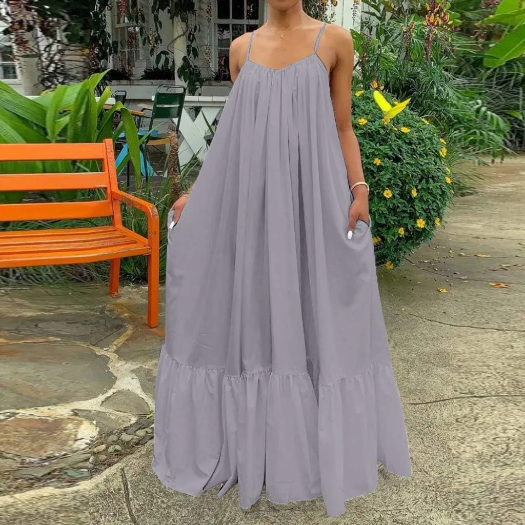 Flowy Maxi Dress Casual Y2K Boho Spaghetti Strap Beach Long Dress Sleeveless Vintage Tiered Plus Size Swing Dresses