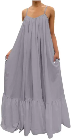Flowy Maxi Dress Casual Y2K Boho Spaghetti Strap Beach Long Dress Sleeveless Vintage Tiered Plus Size Swing Dresses