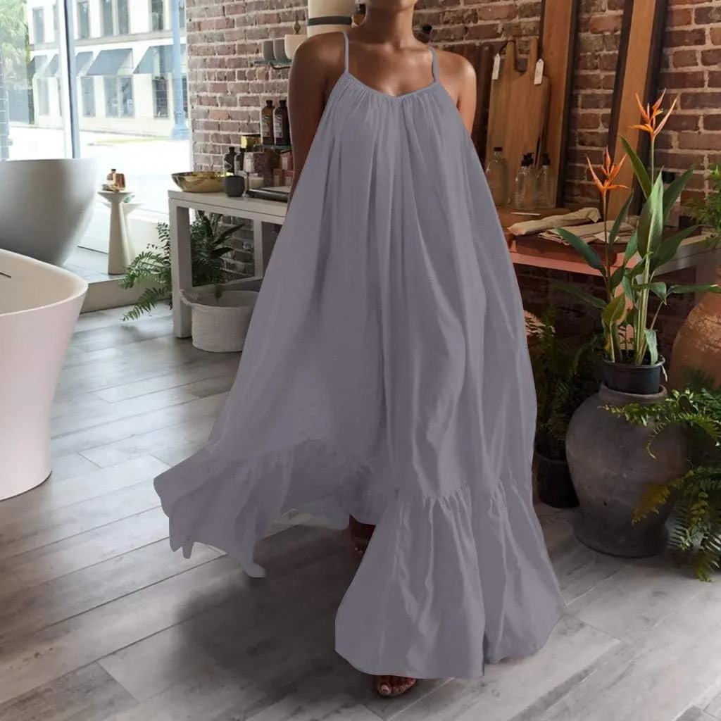 Flowy Maxi Dress Casual Y2K Boho Spaghetti Strap Beach Long Dress Sleeveless Vintage Tiered Plus Size Swing Dresses