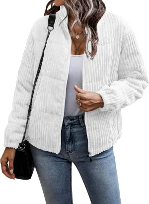 Flygo Corduroy Puffer Jacket Women Quilted Jackets Lightweight Baggy Zip Spring Fall Jackets Coats 2024