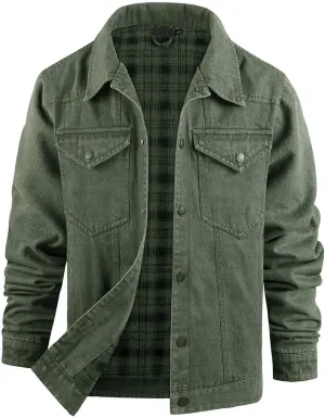 Flygo Mens Flannel Lined Denim Jacket Snap Cowboy Cut Western Classic Slim Fit Vintage Heavy Duty Jacket Trucker Coat
