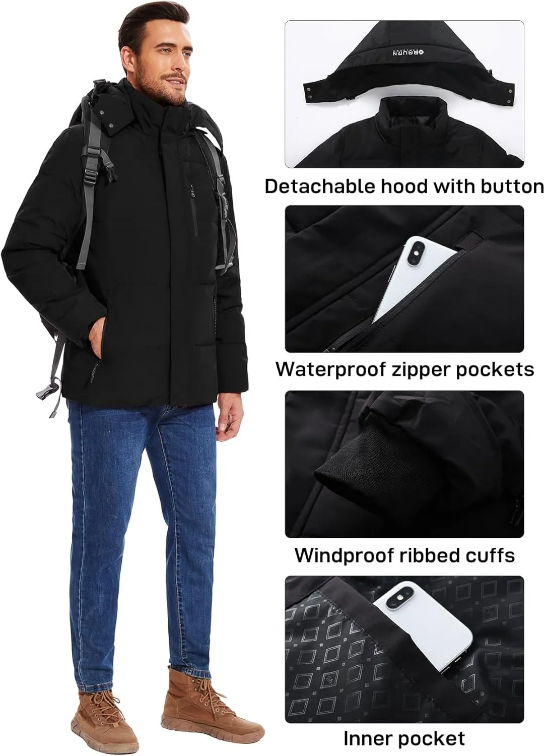 Flygo Puffer Jacket Men Down Jackets Winter Coats Waterproof Thicken Insulated Hooded Quilted Parka Snow Jacket