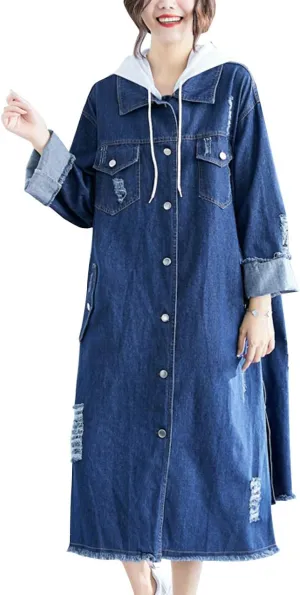Flygo Women's Distressed Ripped Hooded Long Denim Jean Jacket with Detachable Hood
