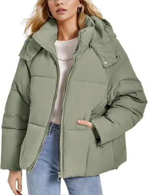 Flygo Womens Hoodies Puffer Jacket Zip Up Quilted Hooded Bubble Padded Down Winter Coats Long Sleeve Jackets with Pockets