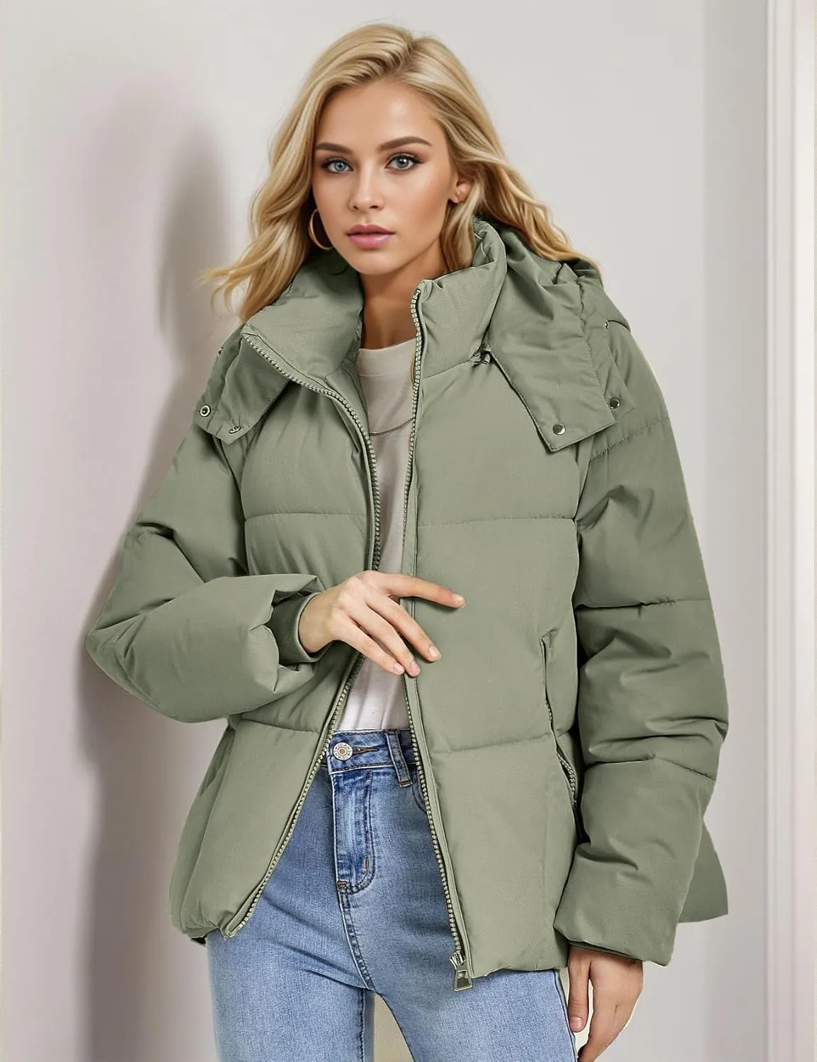 Flygo Womens Hoodies Puffer Jacket Zip Up Quilted Hooded Bubble Padded Down Winter Coats Long Sleeve Jackets with Pockets