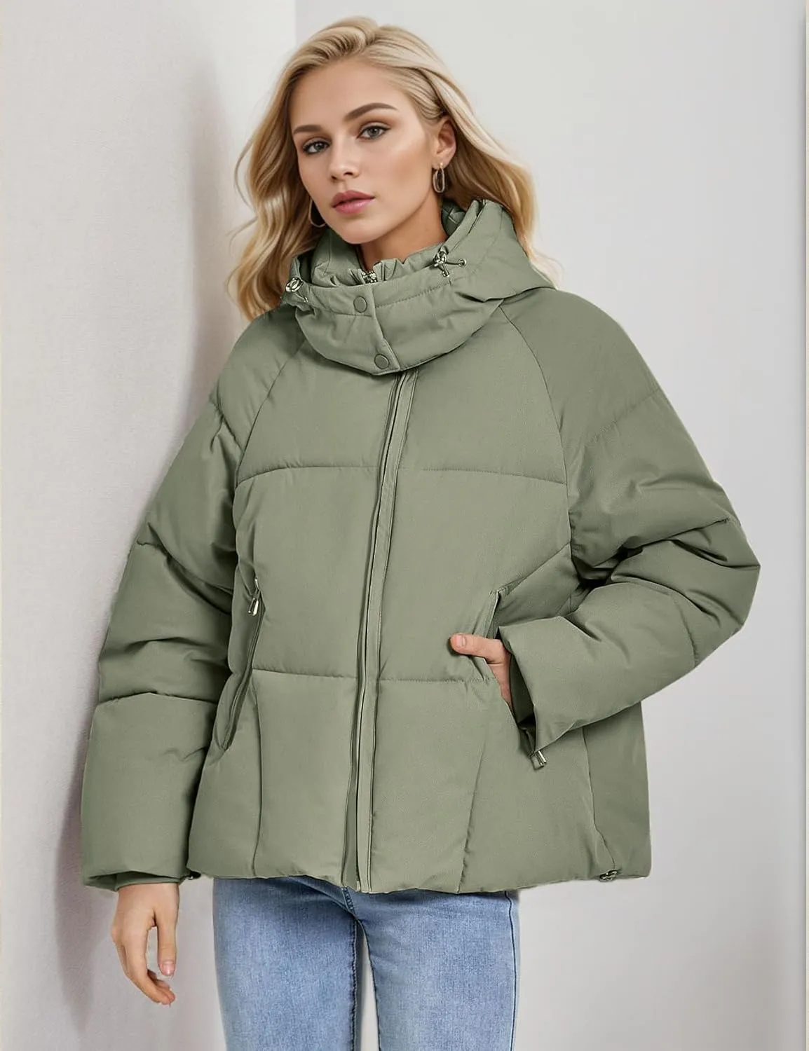 Flygo Womens Hoodies Puffer Jacket Zip Up Quilted Hooded Bubble Padded Down Winter Coats Long Sleeve Jackets with Pockets