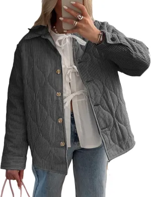 FOMOYUU Women Y2K Quilted Jacket Turn Down Collar Striped Print Button Padded Coat Lightweight Long Sleeve Puffer Outwear